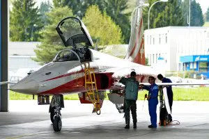 Patrouille Suisse Pilot übergibt den Tiger F5-E nach Flugshow an den Techniker.